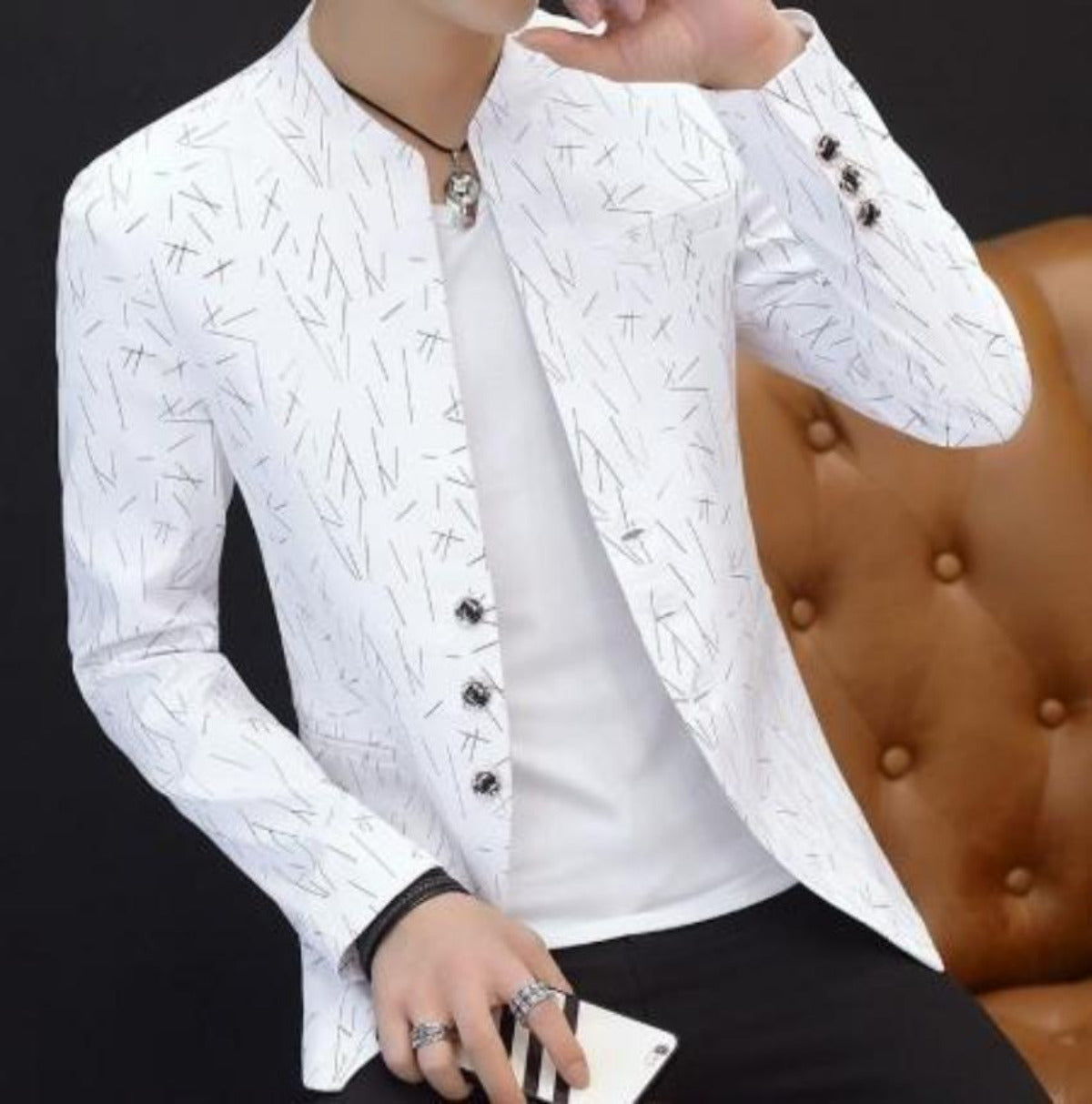 mens white with print polyester cotton round collar blazer