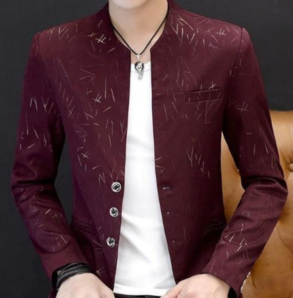 mens wine with print polyester cotton round collar trendy blazer
