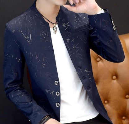 mens navy with print polyester cotton round collar trendy blazer