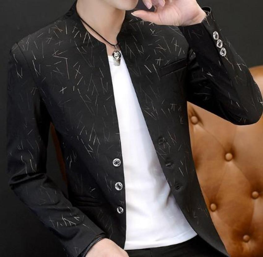 mens black with print polyester cotton round collar trendy blazer