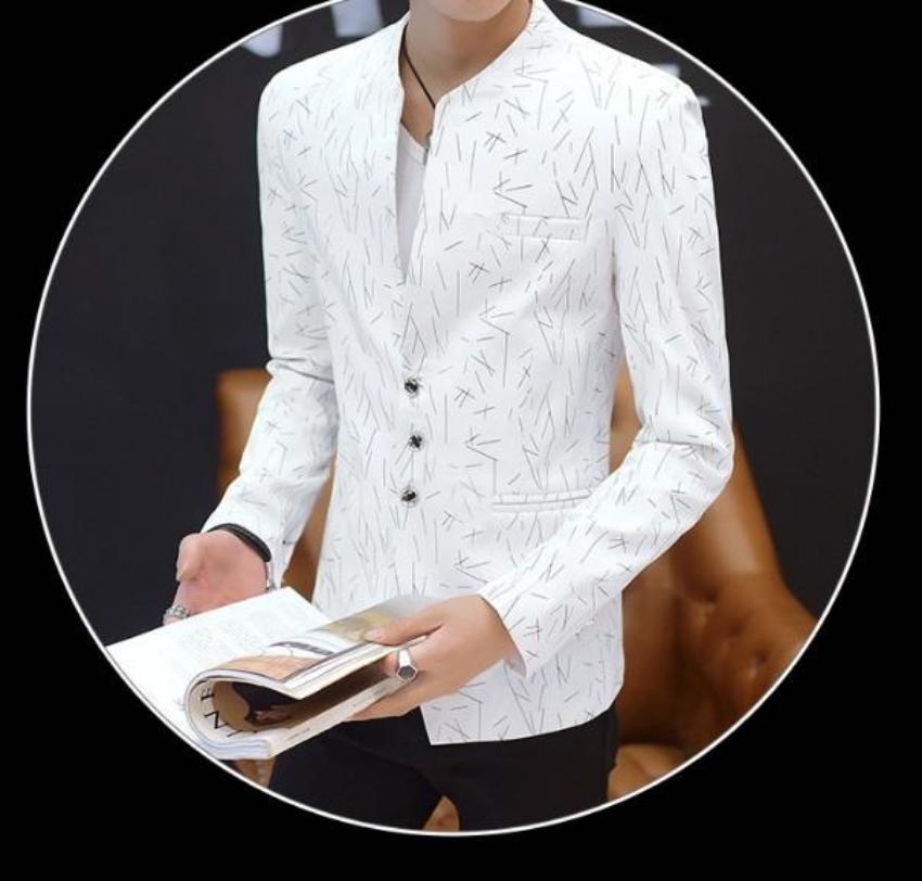 mens white with print polyester cotton round collar trendy blazer