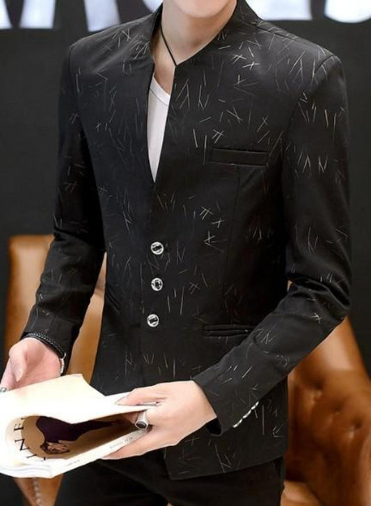 mens black with print polyester cotton round collar trendy blazer