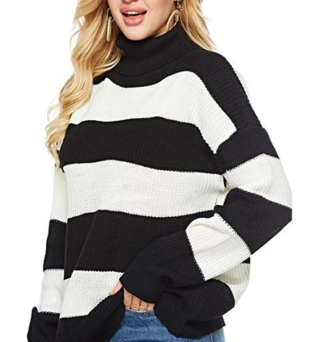 Womens Wide Striped Turtleneck Sweater