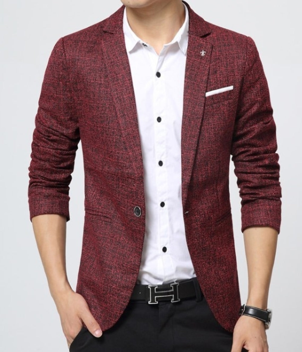 mens red tweed polyester/cotton blend one button houndstooth blazer - AmtifyDirect