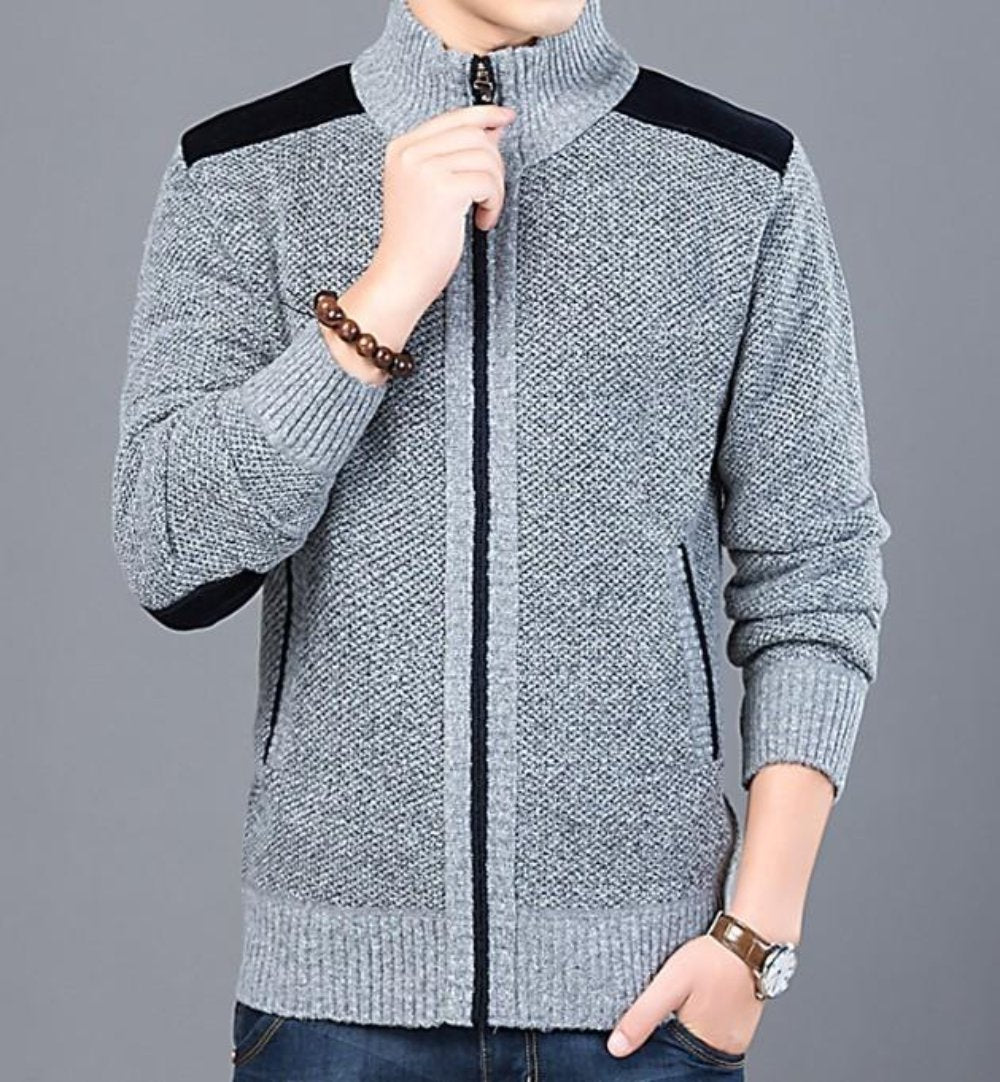 Mens Mixed-Media Zip-Up Cardigan - AmtifyDirect