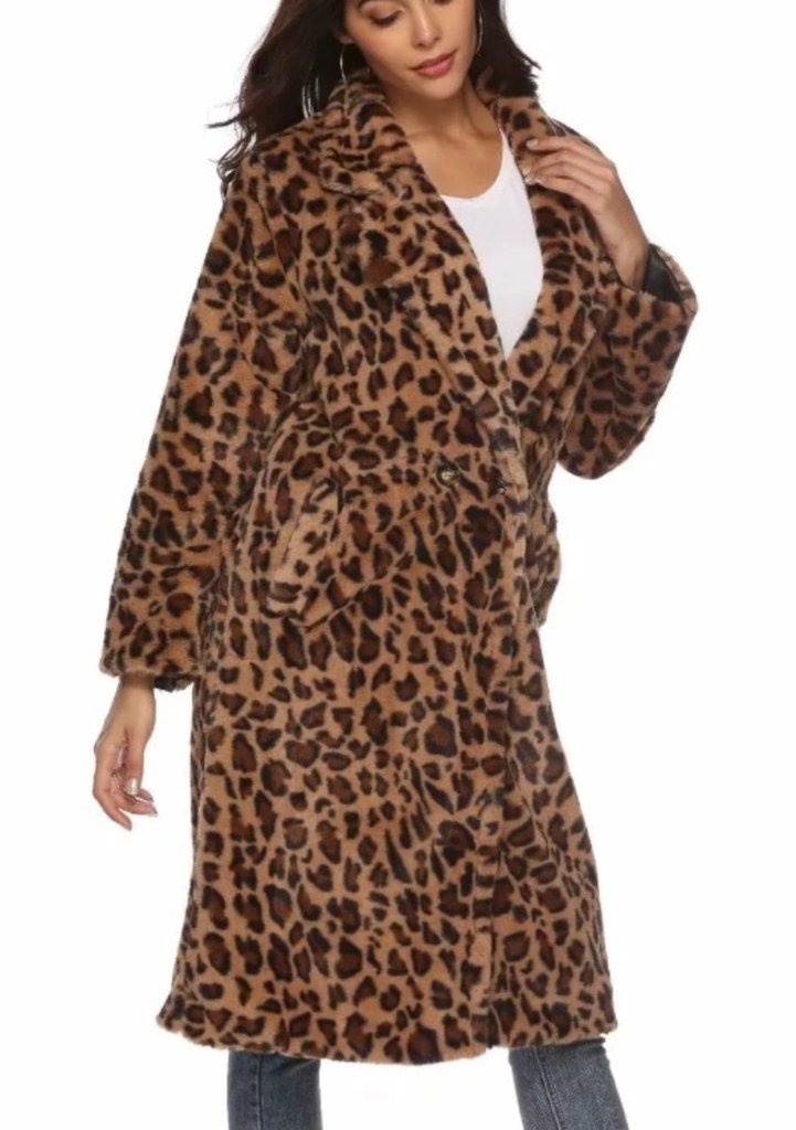 womens faux fur leopard print coat - AmtifyDirect