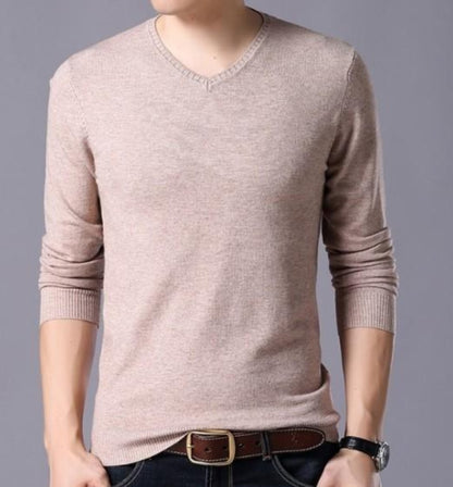 mens khaki acrylic blend v-neck sweater - AmtifyDirect