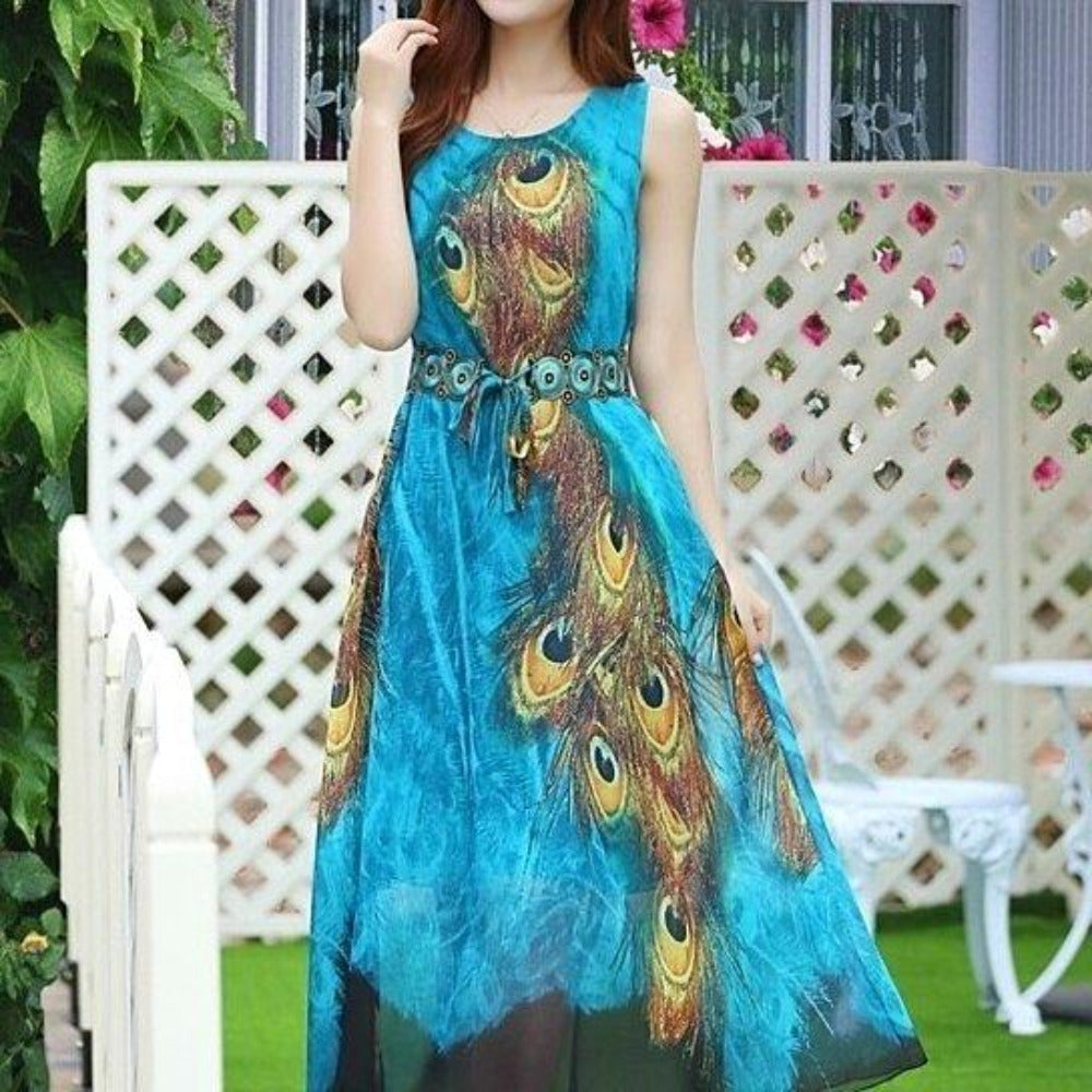 One Piece Long Peacock Sleeveless Dress