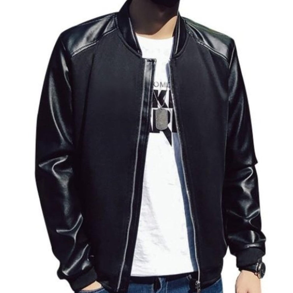 mens black PU leather/cotton blend/polyester bomber jacket - AmtifyDirect