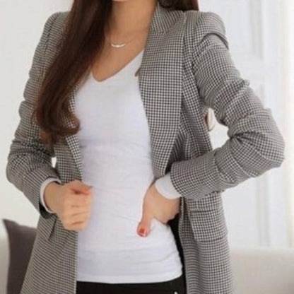 womens checkered cotton blend one button blazer - AmtifyDirect