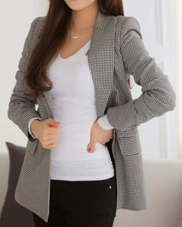 womens checkered cotton blend one button blazer - AmtifyDirect