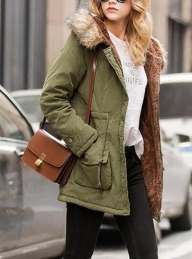 womens army green polyester/cotton blend hooded coat with faux fur lining - AmtifyDirect