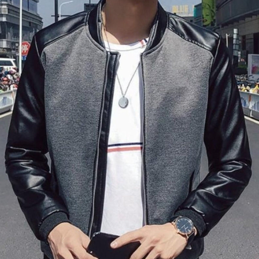 mens gray PU leather/cotton blend/polyester bomber jacket - AmtifyDirect