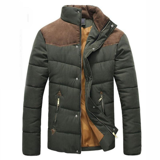 Mens Green Puffer Jacket with Stand Up Collar and Zippered Pockets - AmtifyDirect