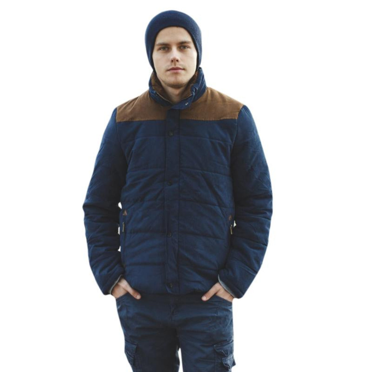 Mens Navy Puffer Jacket with Stand Up Collar and Zippered Pockets - AmtifyDirect