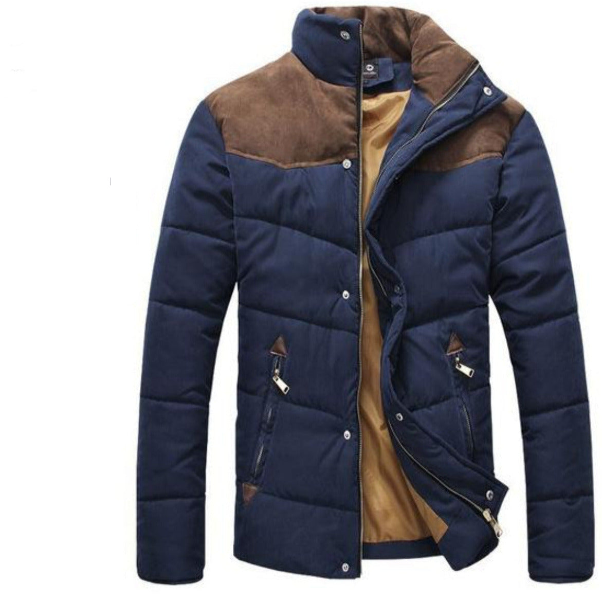 Mens Navy Puffer Jacket with Stand Up Collar and Zippered Pockets - AmtifyDirect
