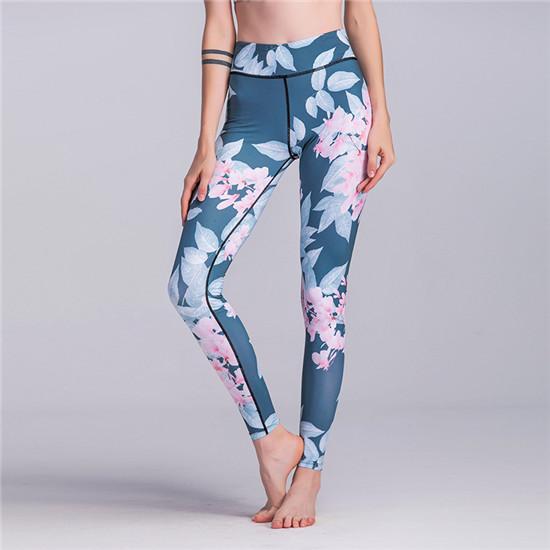 womens teal floral print high waist yoga leggings - AmtifyDirect