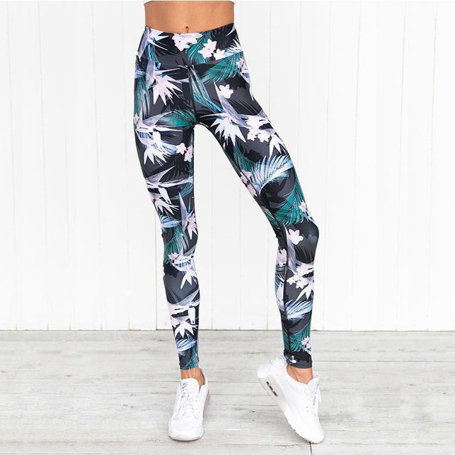 womens black floral print high waist yoga leggings - AmtifyDirect