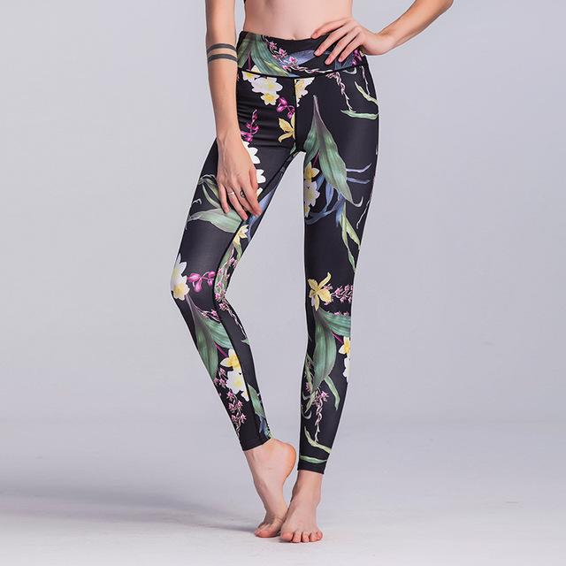womens black floral print high waist yoga leggings - AmtifyDirect