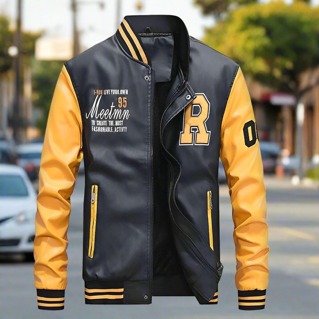 Mens Faux Leather Baseball Jacket - AmtifyDirect