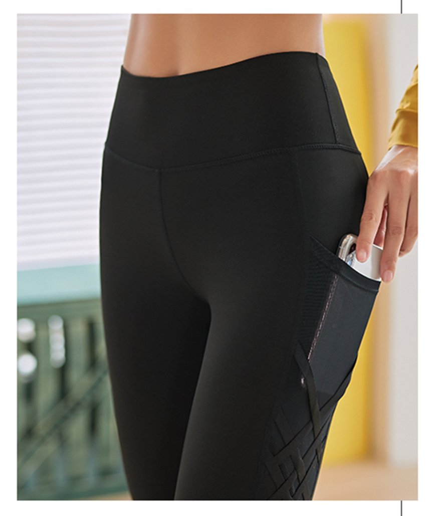 womens black wide waistband pockets yoga leggings - AmtifyDirect