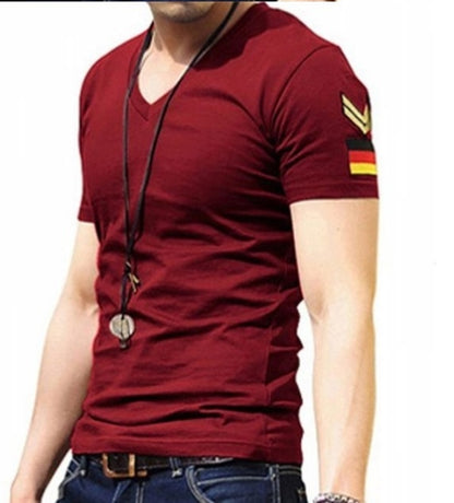 red cotton blend v-neck t-shirt
