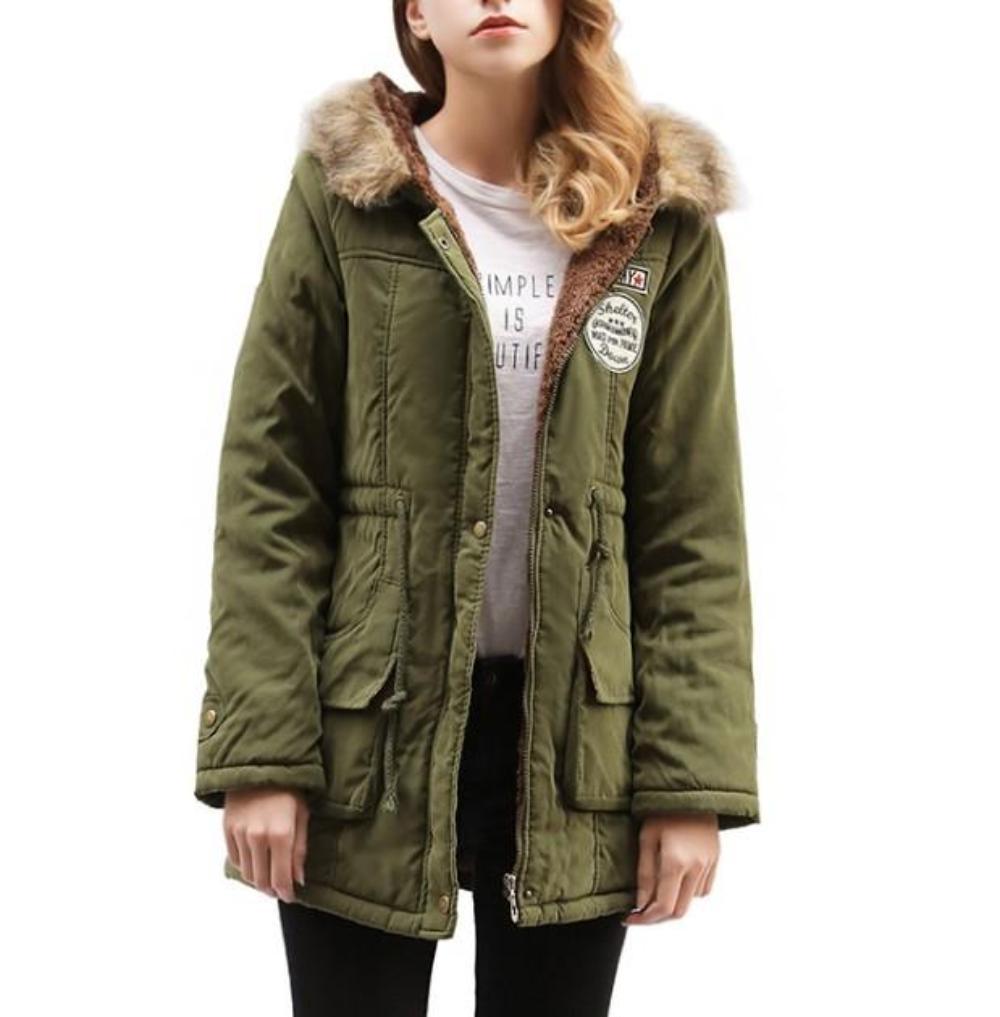 womens army green polyester/cotton blend hooded coat with faux fur lining - AmtifyDirect