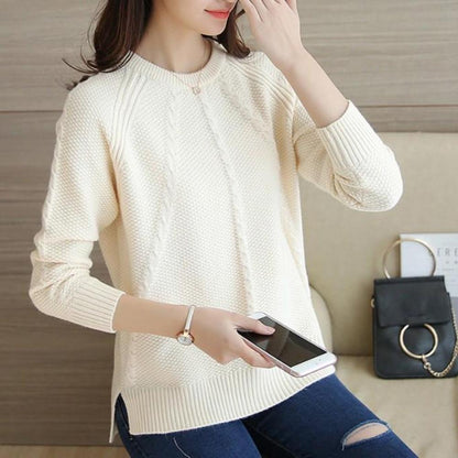 womens white polyester/acrylic blend cable knit long sleeve round neck sweater - AmtifyDirect