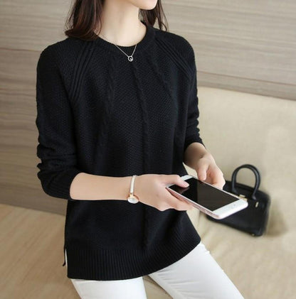 womens black polyester/acrylic blend cable knit long sleeve round neck sweater - AmtifyDirect