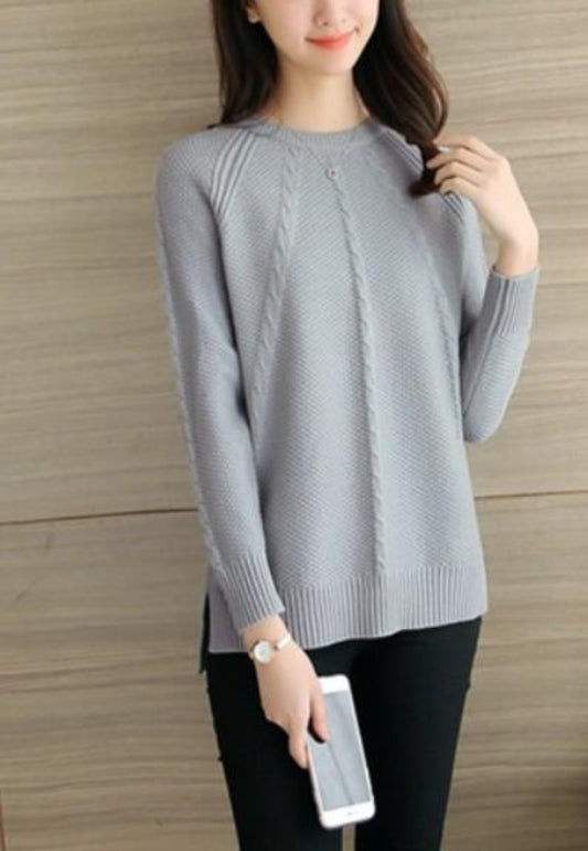womens gray polyester/acrylic blend cable knit long sleeve round neck sweater - AmtifyDirect