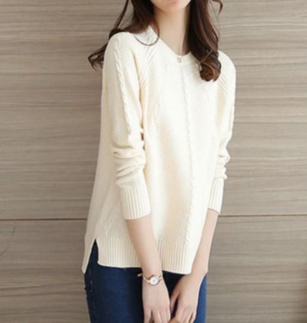 womens white polyester/acrylic blend cable knit long sleeve round neck sweater - AmtifyDirect