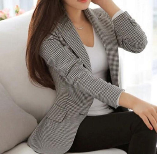 womens checkered cotton blend one button blazer - AmtifyDirect