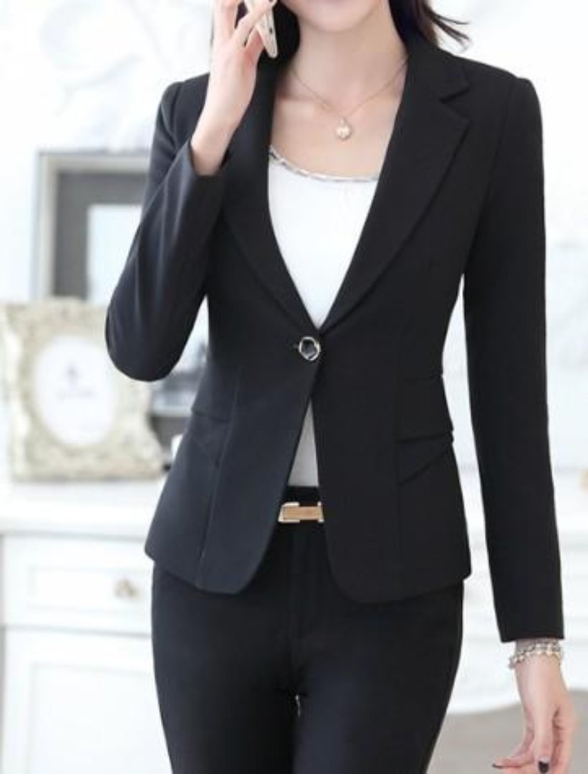 womens black polyester slim fit one button blazer - AmtifyDirect