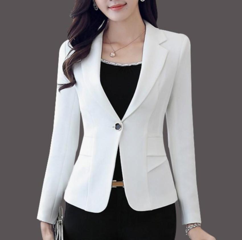 womens white polyester slim fit one button blazer - AmtifyDirect