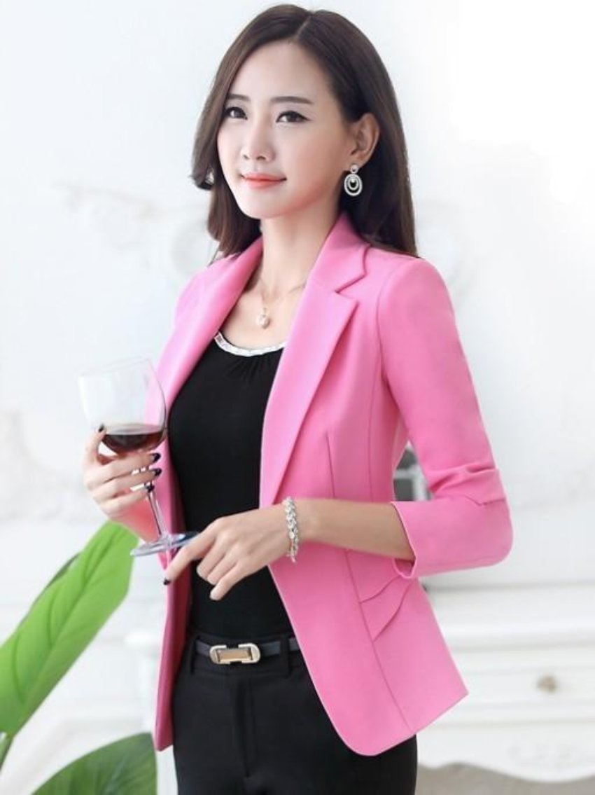 womens pink polyester slim fit one button blazer - AmtifyDirect