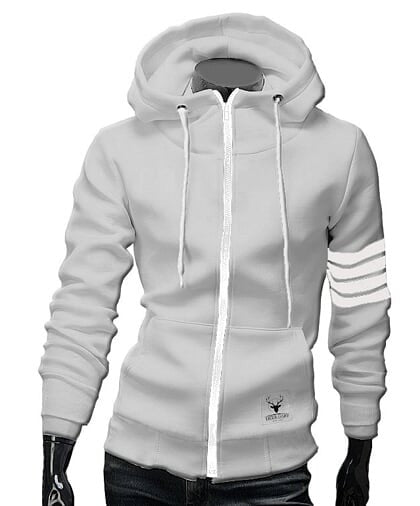Mens Gray Cotton Blend Hoodie with Striped Sleeves - AmtifyDirect