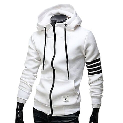 Mens White Cotton Blend Hoodie with Striped Sleeves - AmtifyDirect