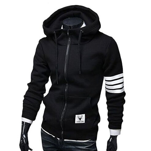 Mens Black Cotton Blend Hoodie with Striped Sleeves - AmtifyDirect