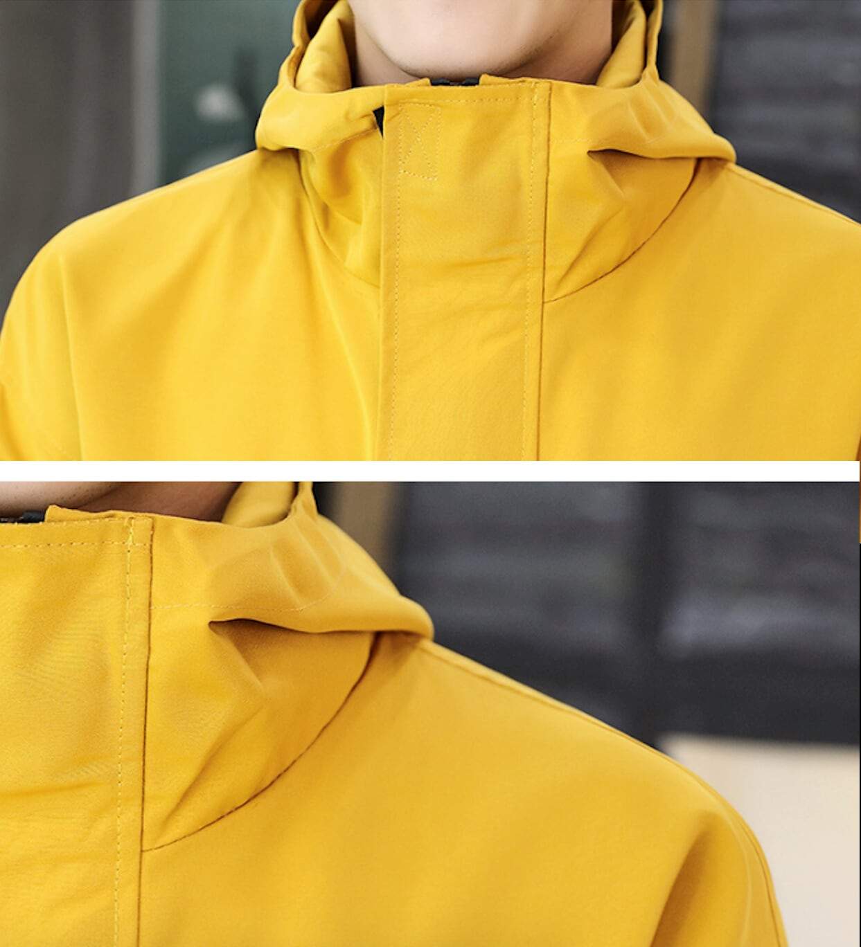 mens yellow polyester/cotton blend hooded zip up street style jacket
