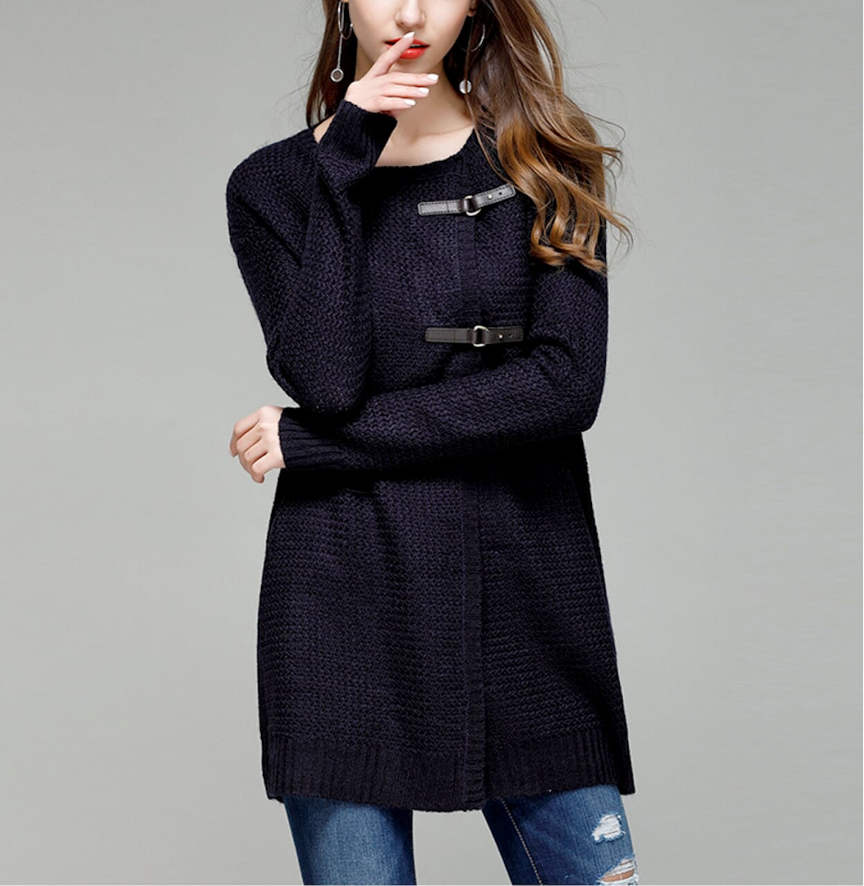 womens navy acrylic long knit sweater - AmtifyDirect