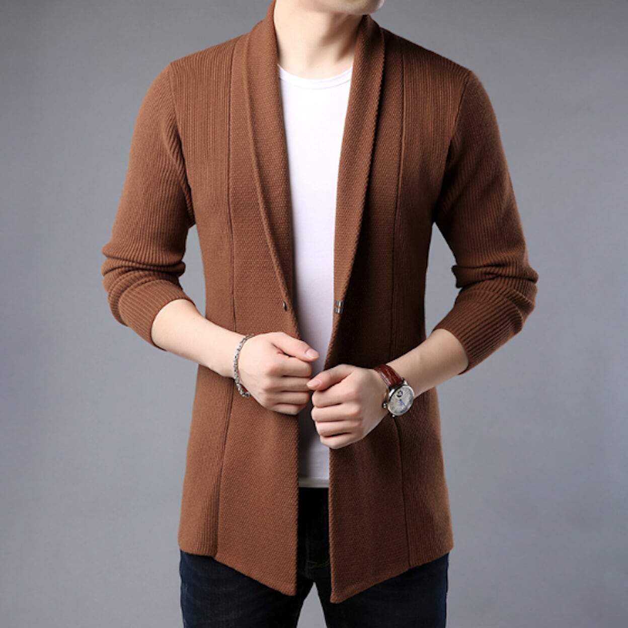 mens brown shawl collar cardigan sweater - AmtifyDirect