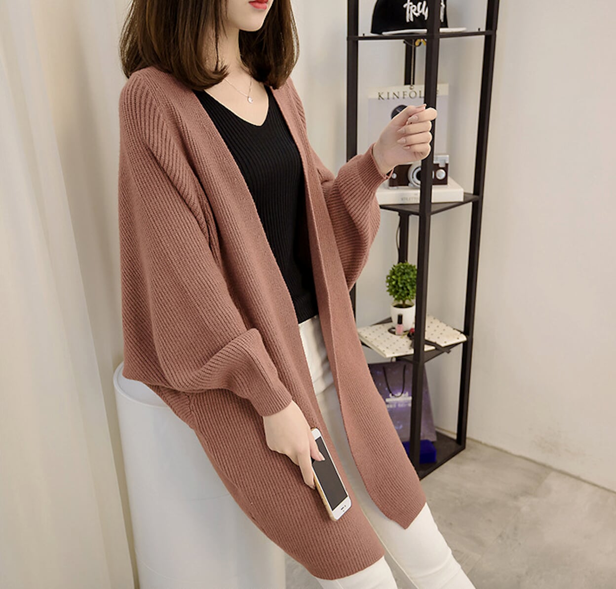 womens brown acrylic blend batwing open front long cardigan - AmtifyDirect