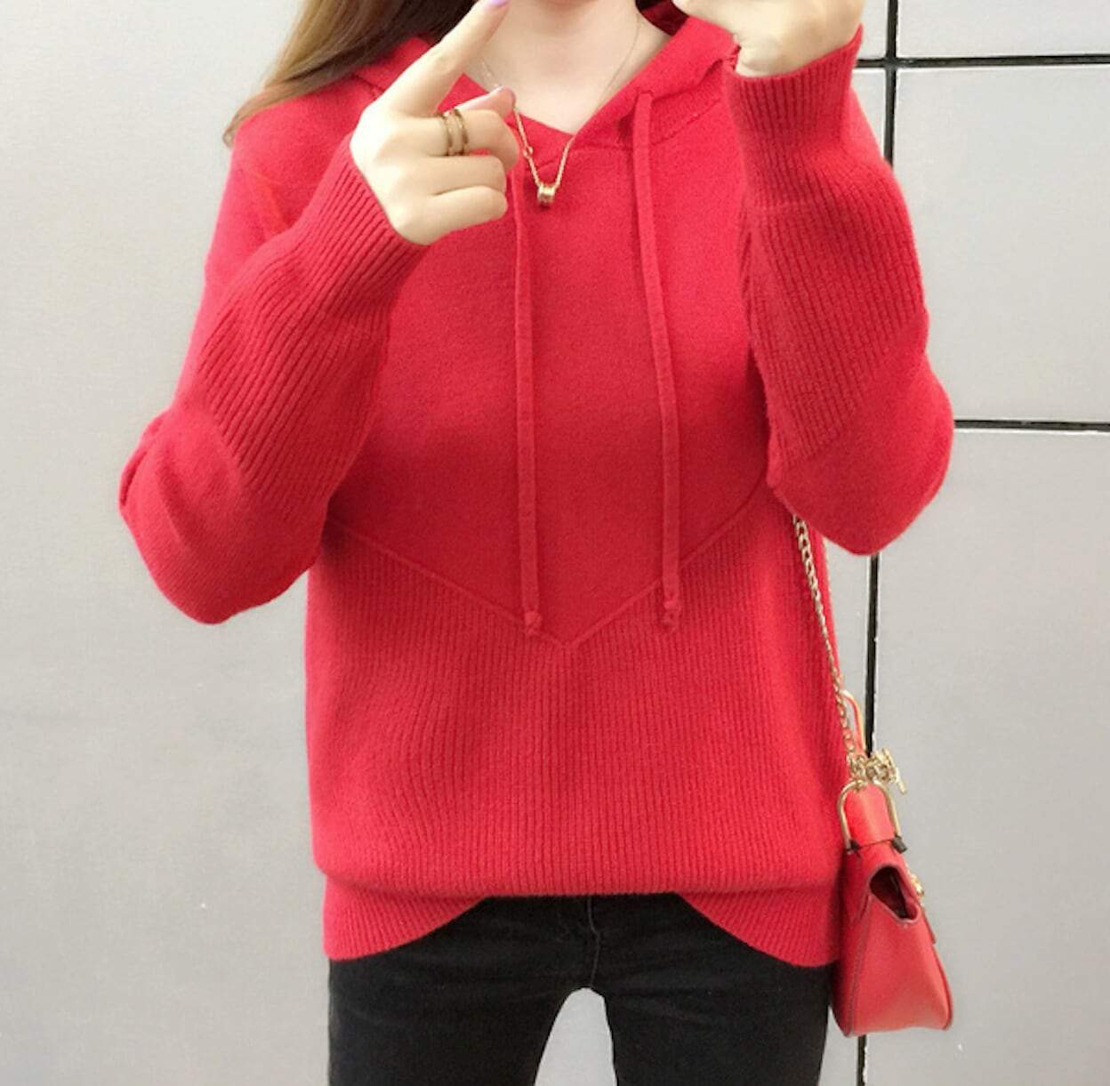 womens red acrylic vegan friendly V Neck sweater - AmtifyDirect