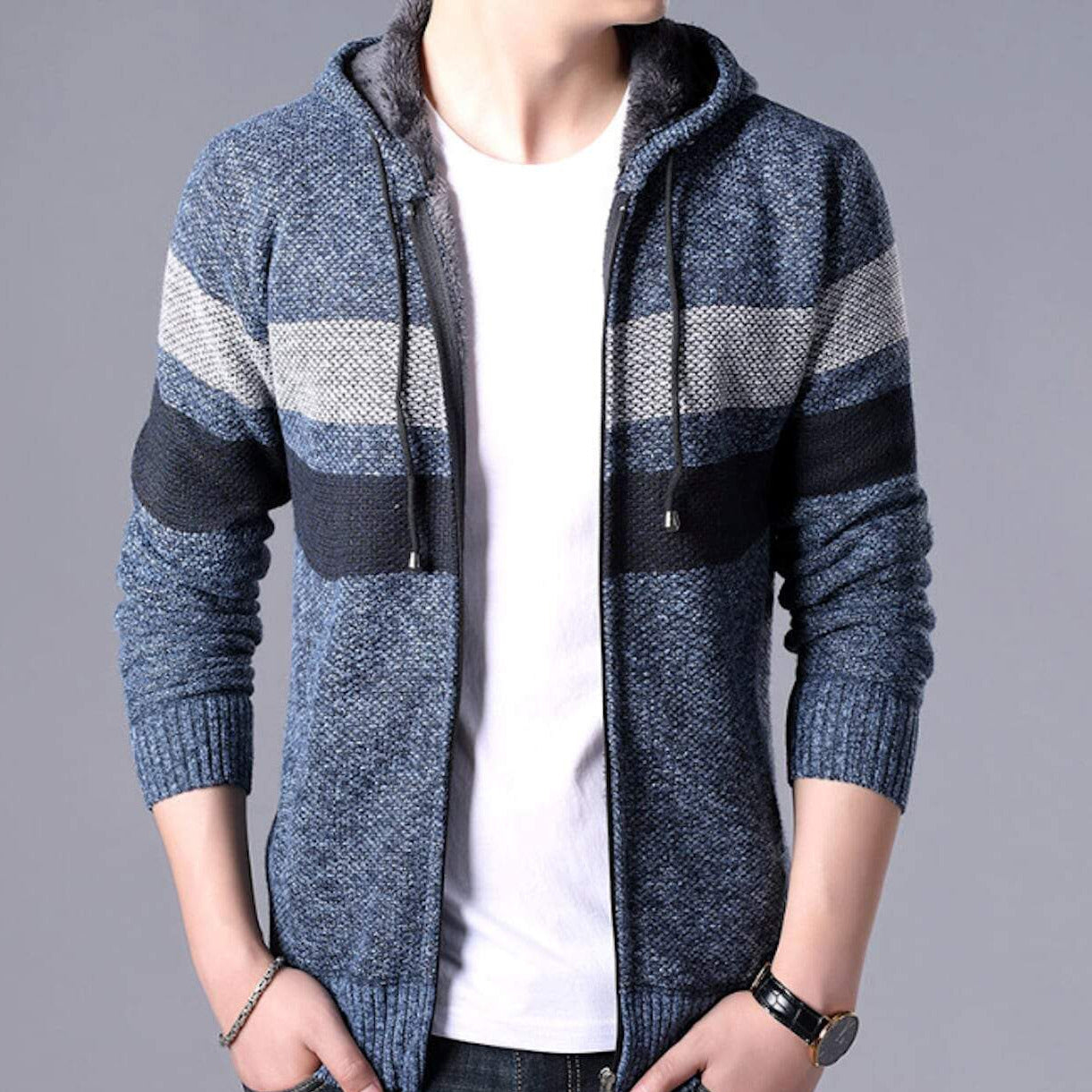 mens blue polyester cotton hooded zip up cardigan sweater - AmtifyDirect
