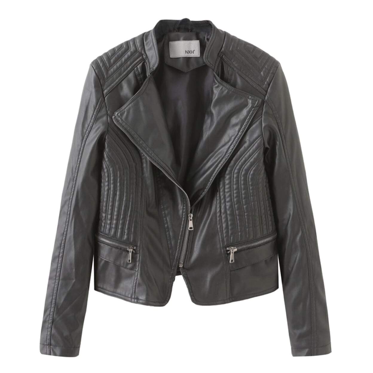 womens black faux leather vegan biker jacket - amtifyDirect