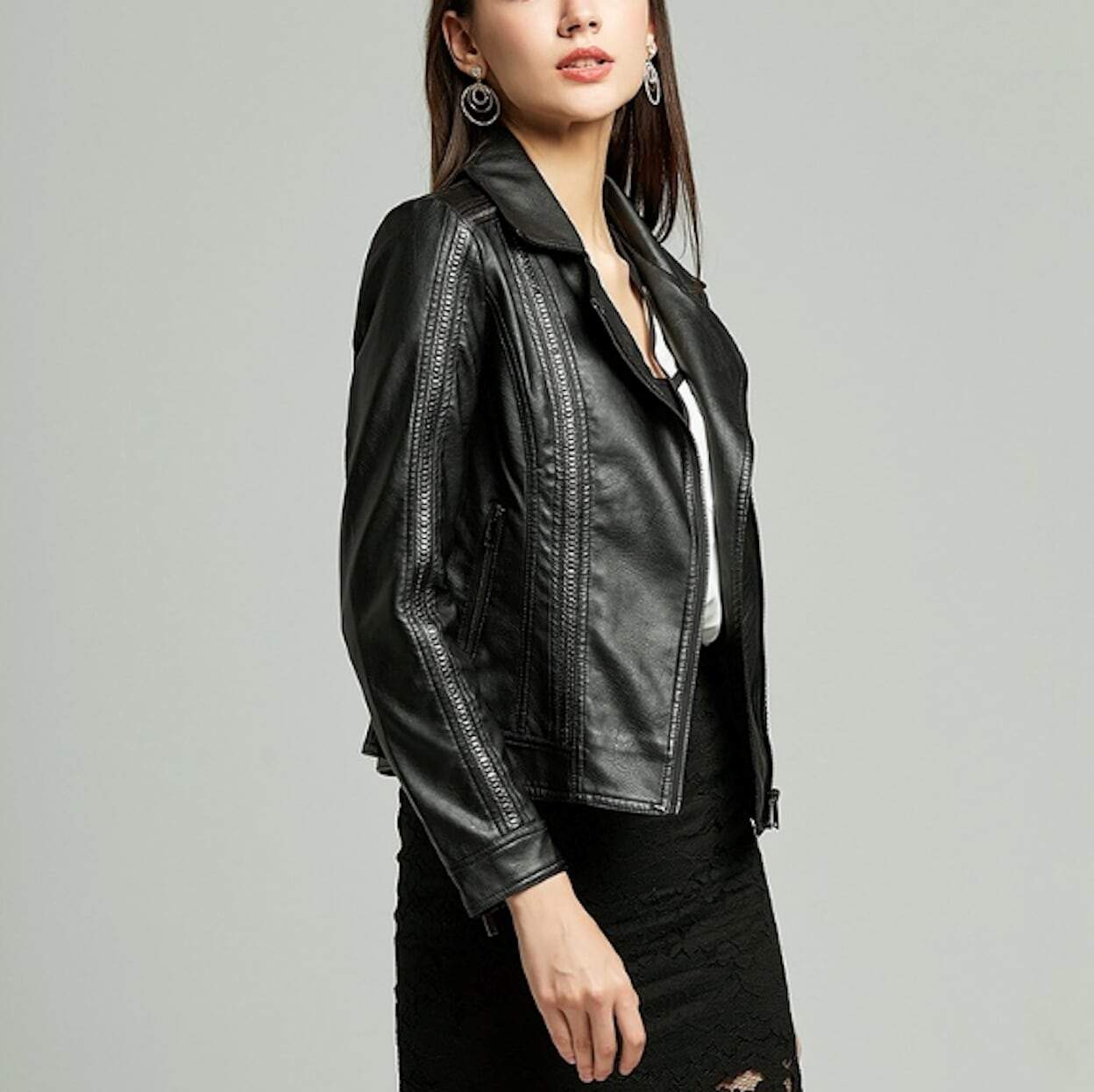 womens black faux leather vegan biker jacket - AmtifyDirect