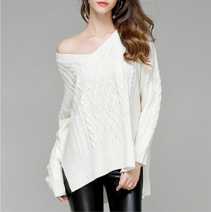 womens white acrylic v-neck cable knit sweater - AmtifyDirect