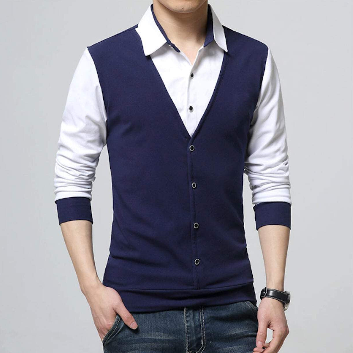 mens black polyester/cotton blend vest with attached shirt - Amtify Direct