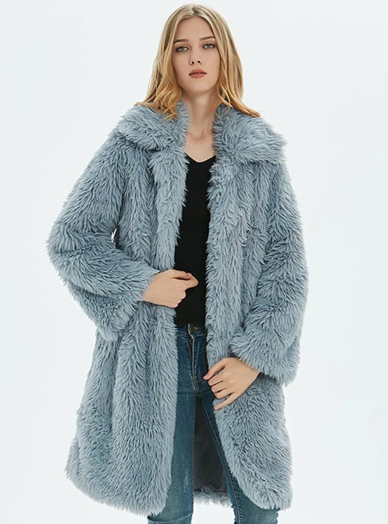 womens teal faux fur mid length coat - AmtifyDirect