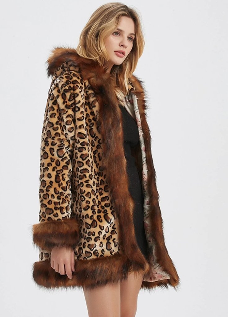 Womens Hooded Faux Fur Leopard Print Short Coat